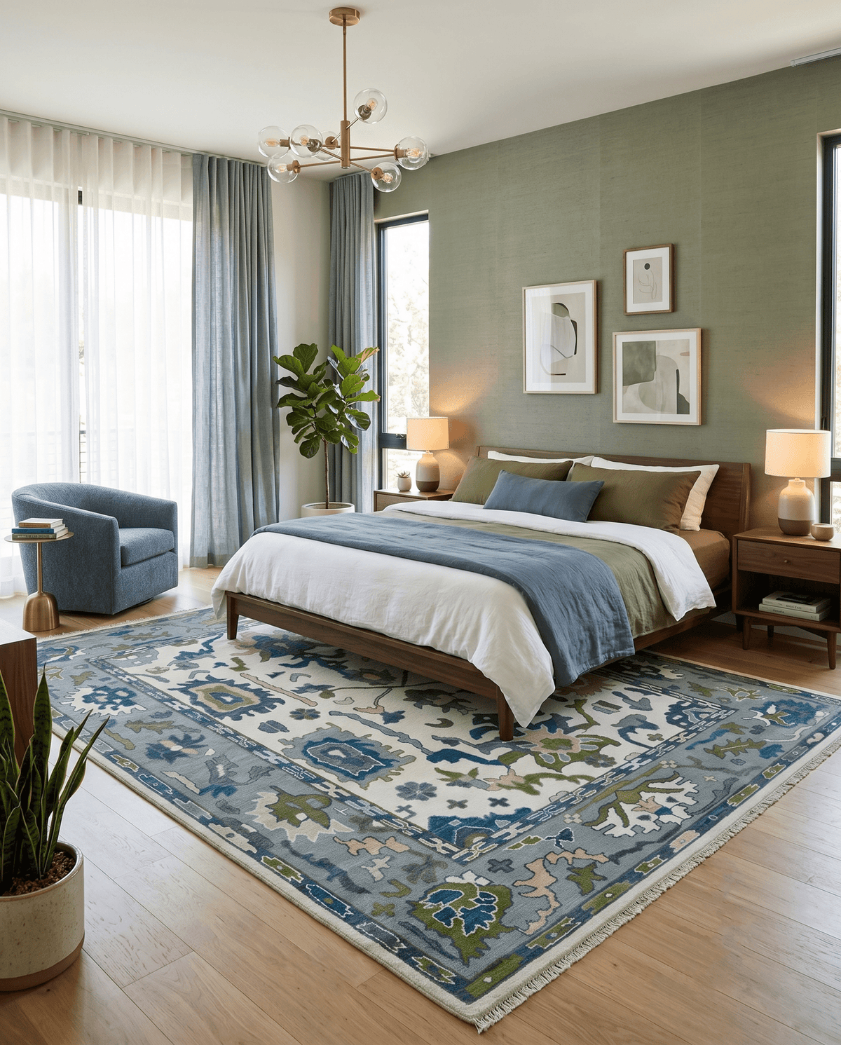 Custom Made Ivory, Gray and Green Hand knotted Traditional Oushak Wool Area Rug