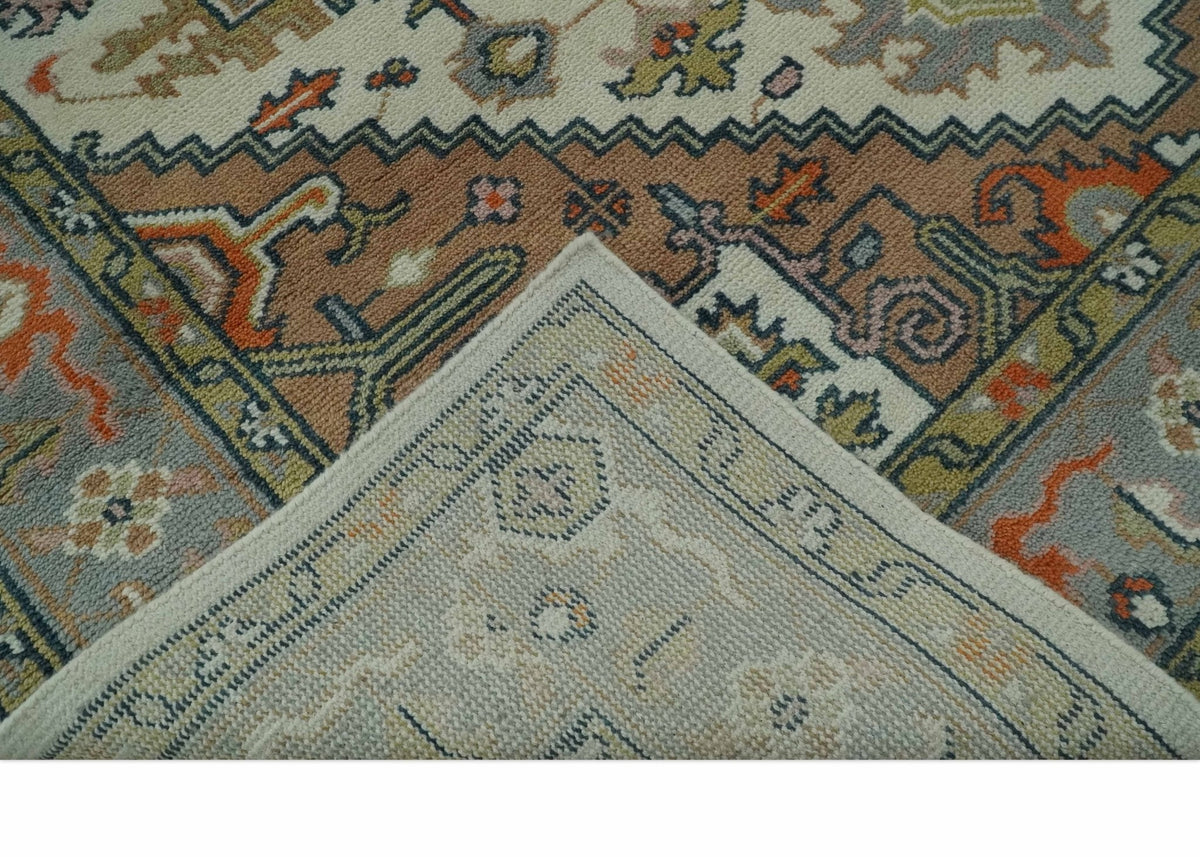 Custom Made Ivory, Silver, Peach and Olive Hand Knotted Traditional Heriz wool Area Rug