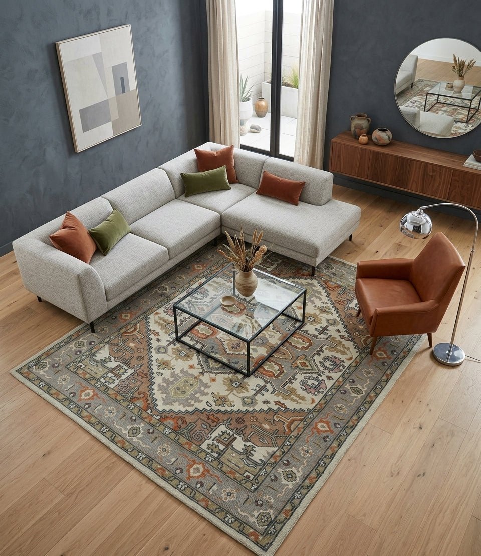 Custom Made Ivory, Silver, Peach and Olive Hand Knotted Traditional Heriz wool Area Rug