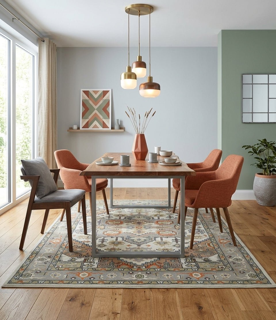 Custom Made Ivory, Silver, Peach and Olive Hand Knotted Traditional Heriz wool Area Rug