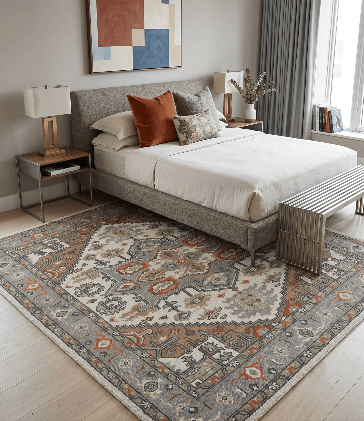 Custom Made Ivory, Silver, Peach and Olive Hand Knotted Traditional Heriz wool Area Rug