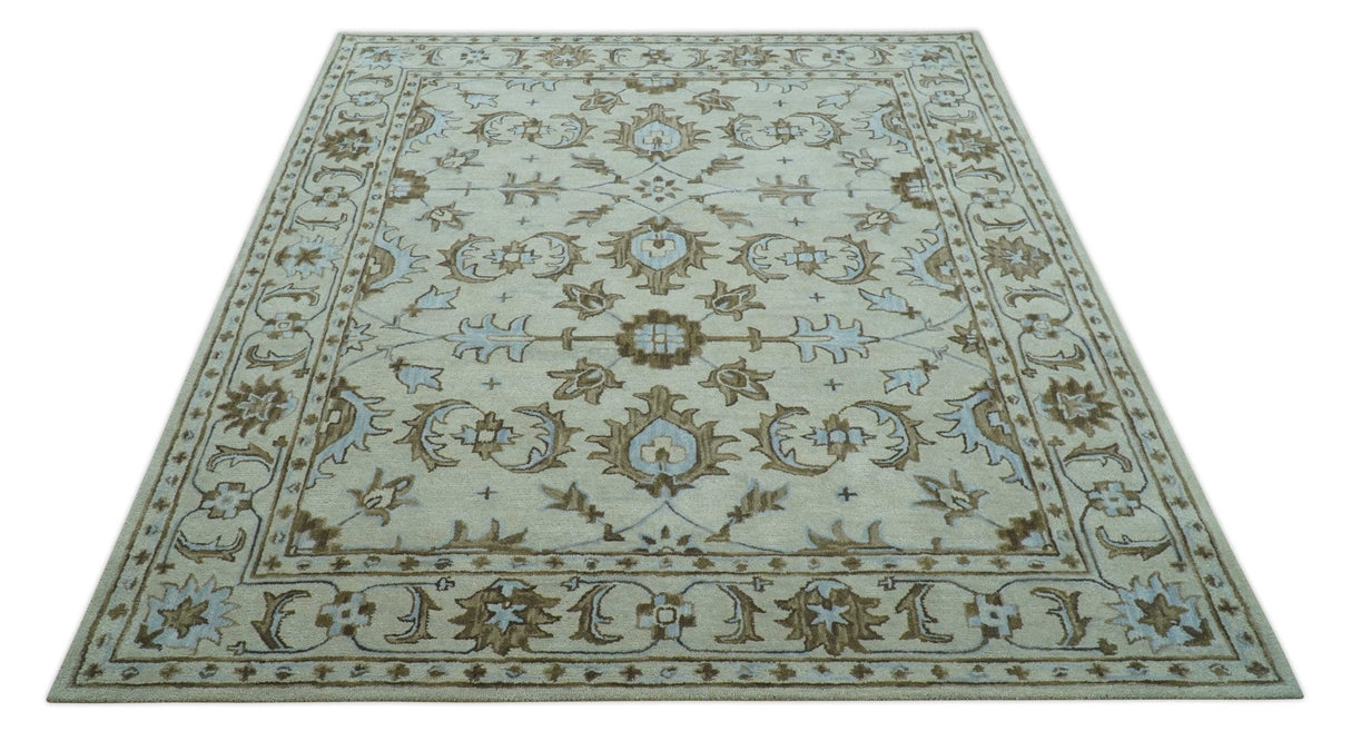 Custom Made Ivory, Taupe and Aqua Traditional Hand Tufted wool area rug