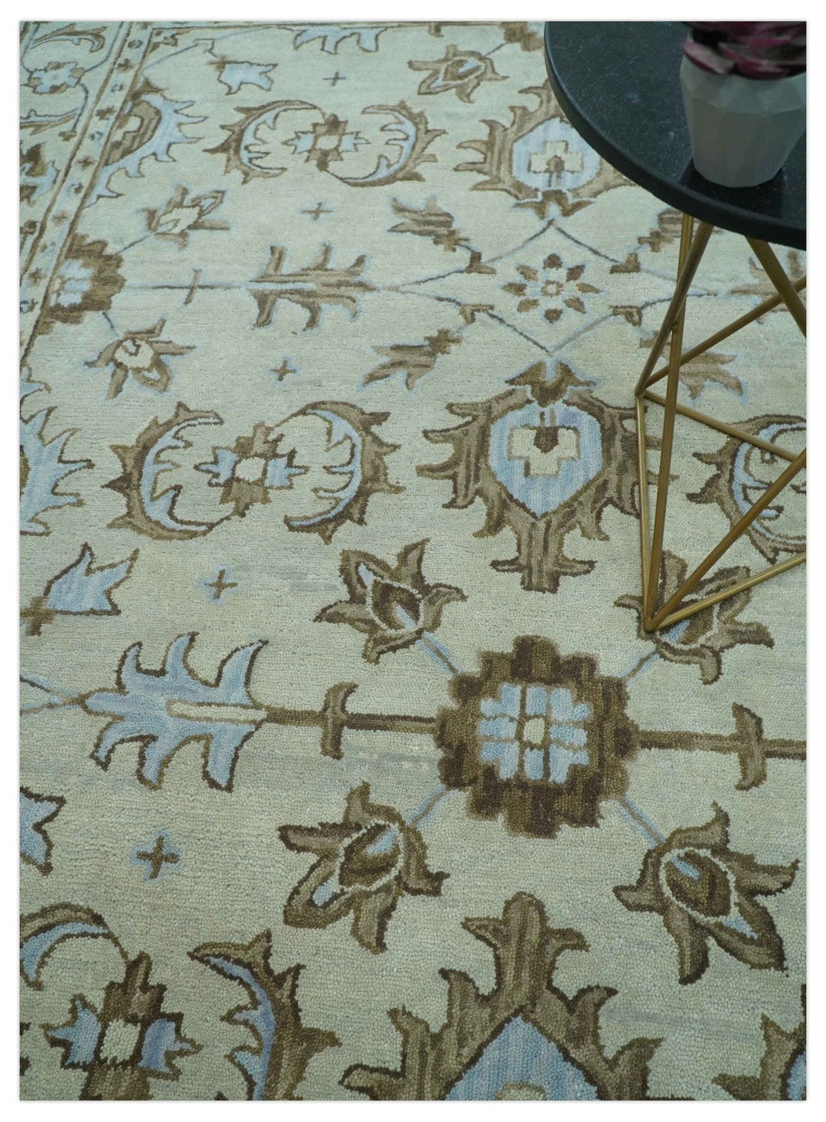 Custom Made Ivory, Taupe and Aqua Traditional Hand Tufted wool area rug