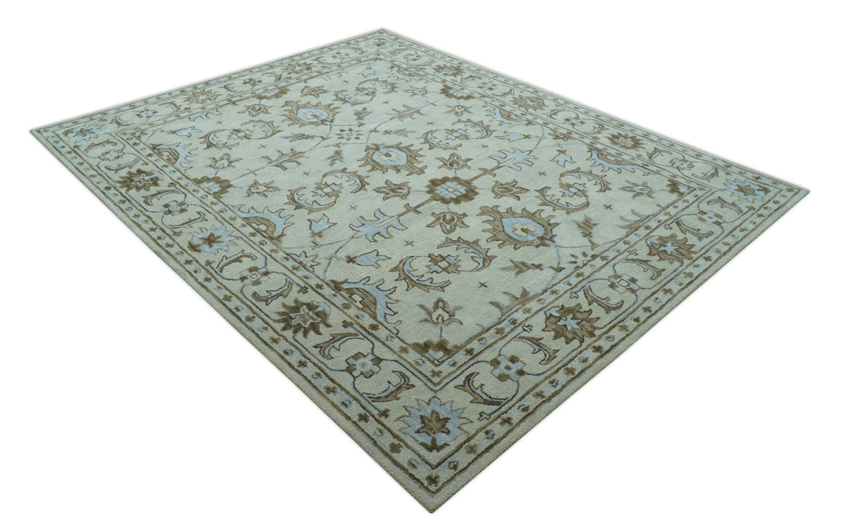 Custom Made Ivory, Taupe and Aqua Traditional Hand Tufted wool area rug