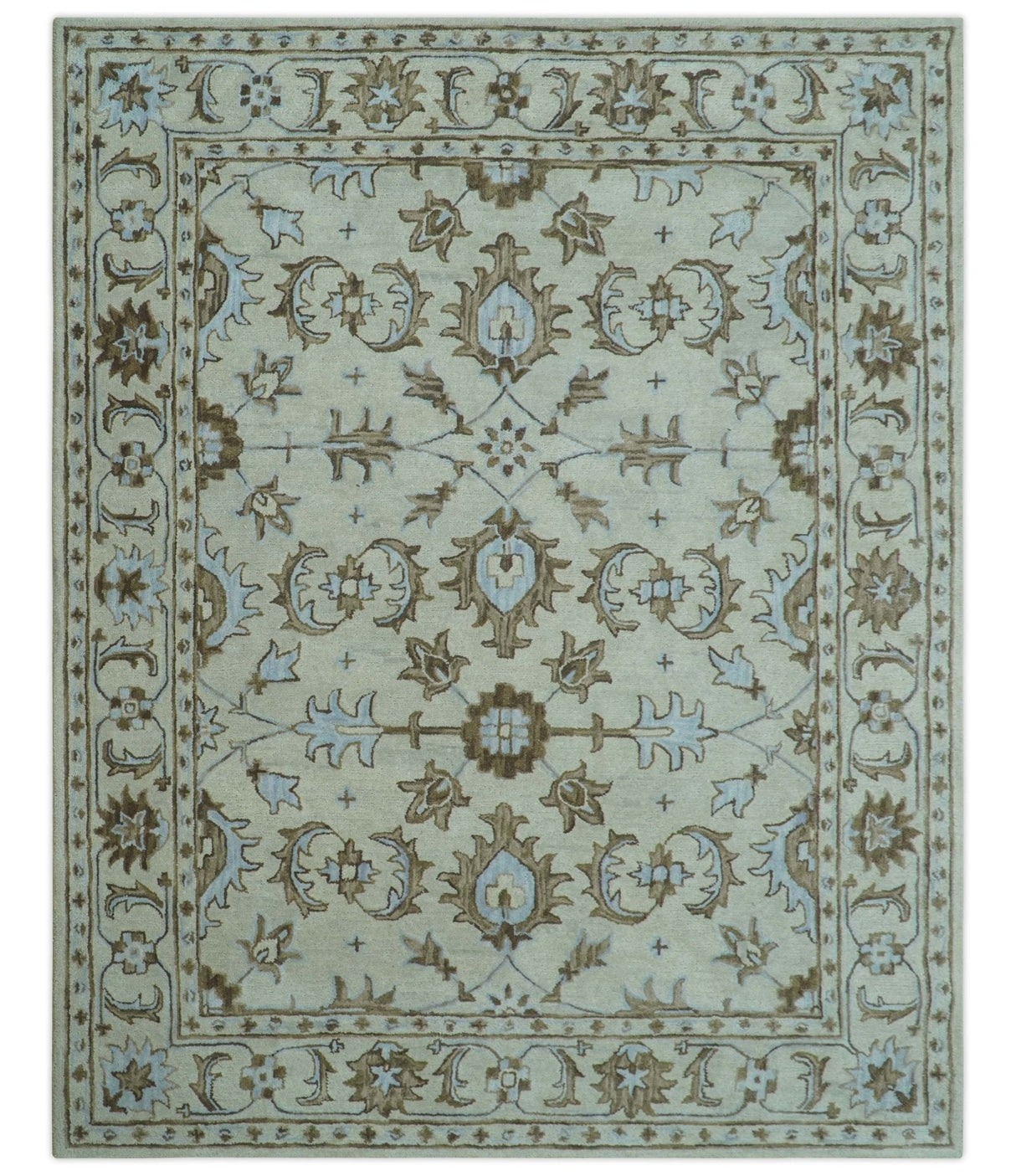 Custom Made Ivory, Taupe and Aqua Traditional Hand Tufted wool area rug