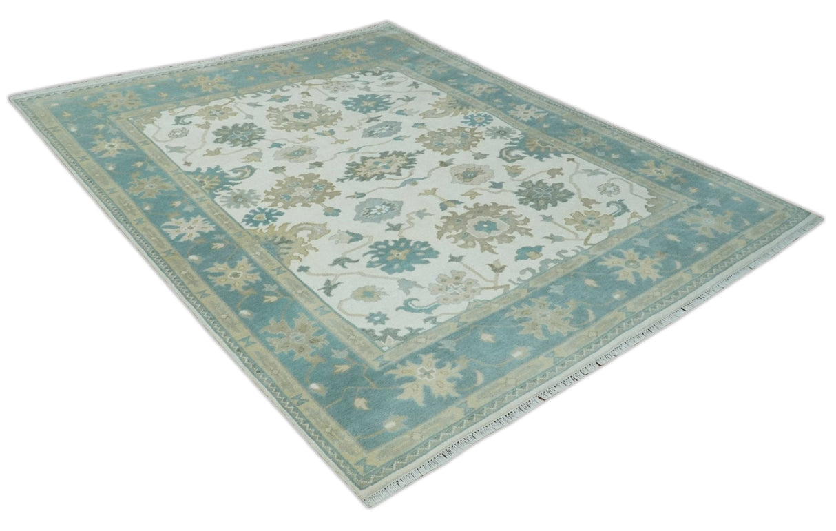 Custom Made Ivory, Teal and Beige Floral Hand Knotted Traditional Oushak Wool Area Rug