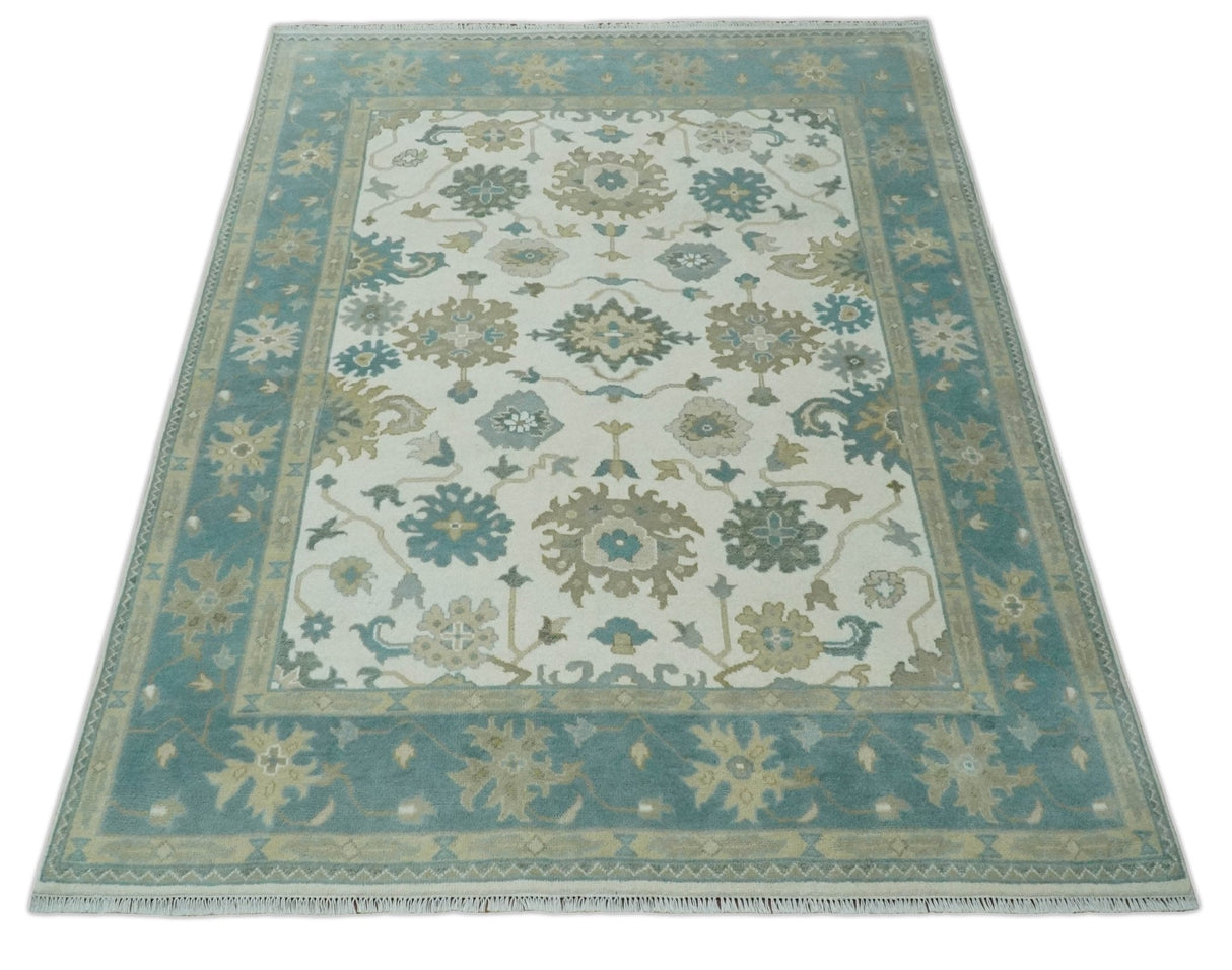 Custom Made Ivory, Teal and Beige Floral Hand Knotted Traditional Oushak Wool Area Rug