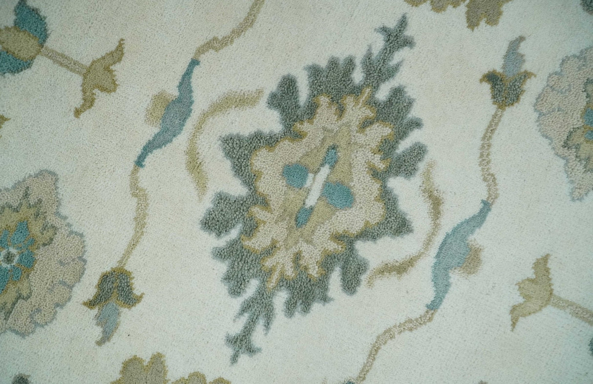 Custom Made Ivory, Teal and Beige Floral Hand Knotted Traditional Oushak Wool Area Rug