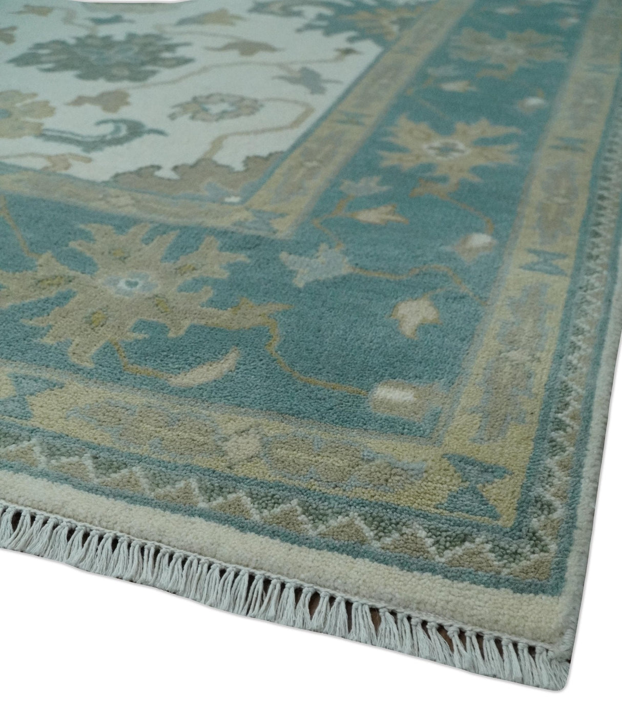 Custom Made Ivory, Teal and Beige Floral Hand Knotted Traditional Oushak Wool Area Rug
