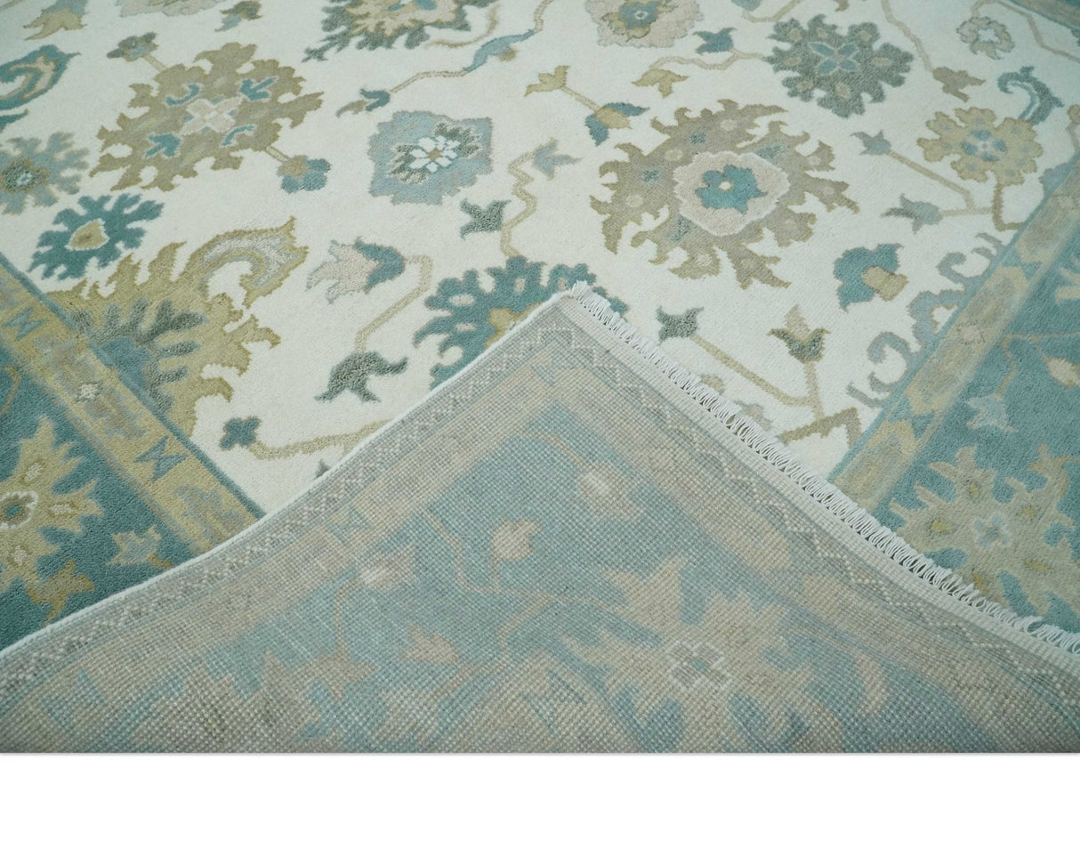 Custom Made Ivory, Teal and Beige Floral Hand Knotted Traditional Oushak Wool Area Rug