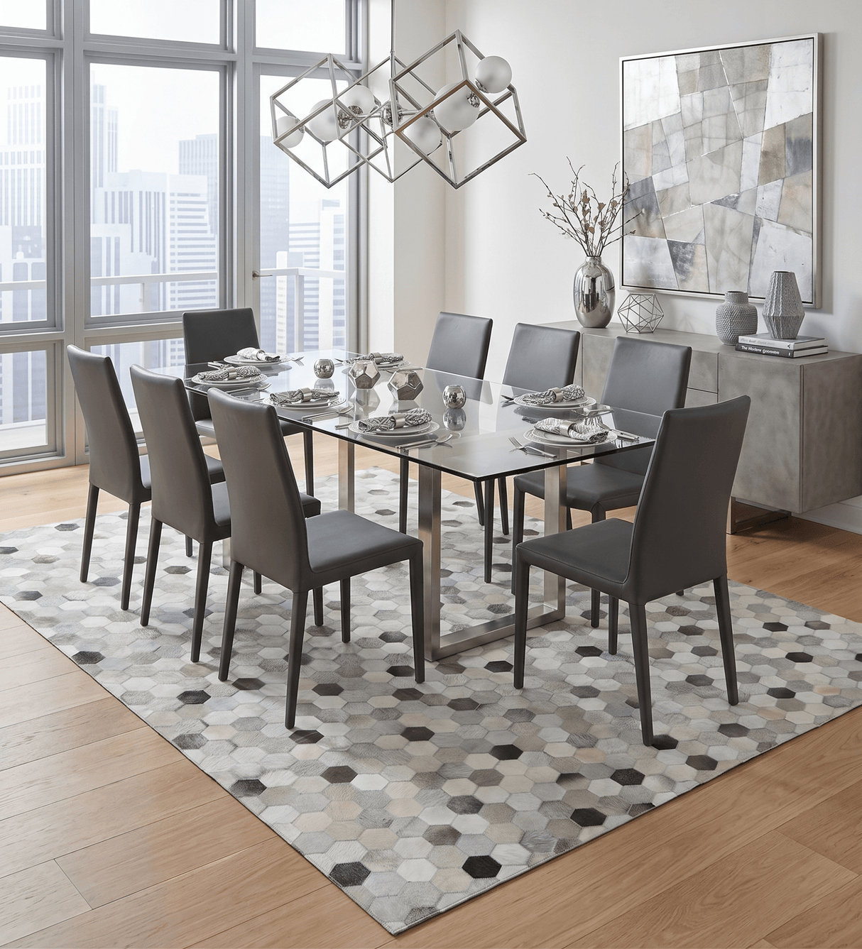 Custom Made Leather Patchwork Silver and Ivory Modern Geometric Rug