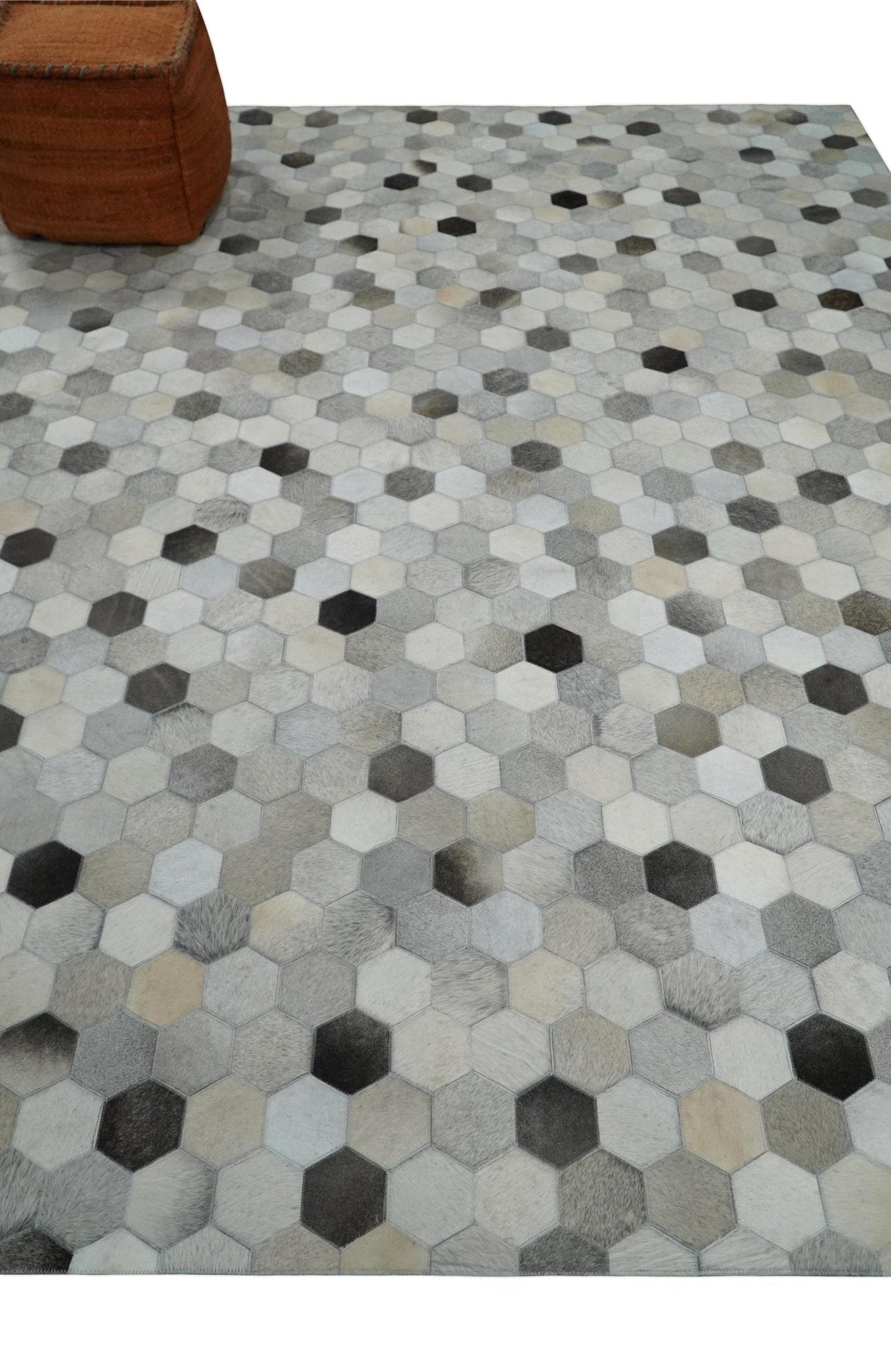 Custom Made Leather Patchwork Silver and Ivory Modern Geometric Rug