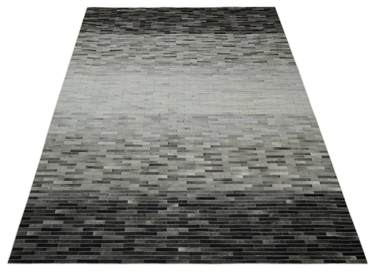 Custom Made Leather Striped Gray and Silver Leather Rug