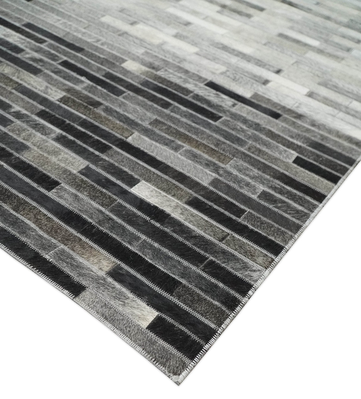 Custom Made Leather Striped Gray and Silver Leather Rug