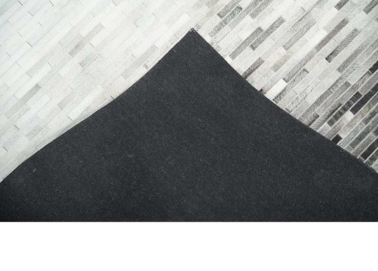 Custom Made Leather Striped Gray and Silver Leather Rug