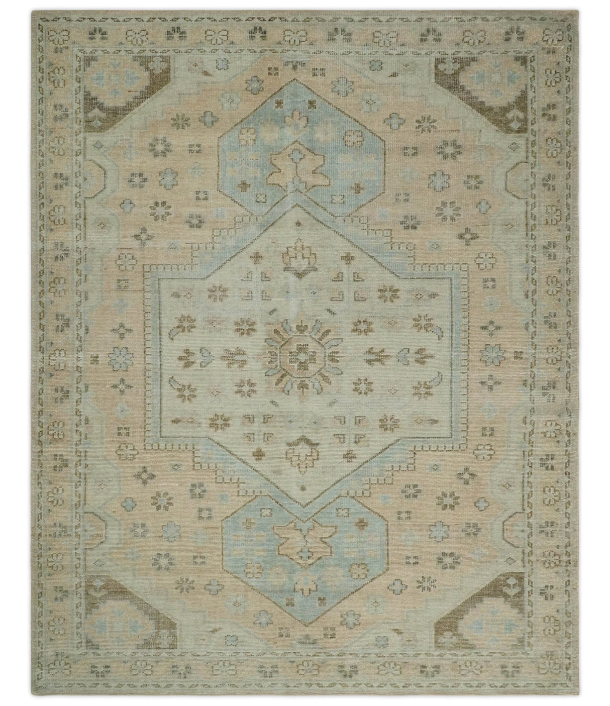 Custom Made Low Pile Hand Knotted Peach and Blue Traditional Design Wool Area Rug