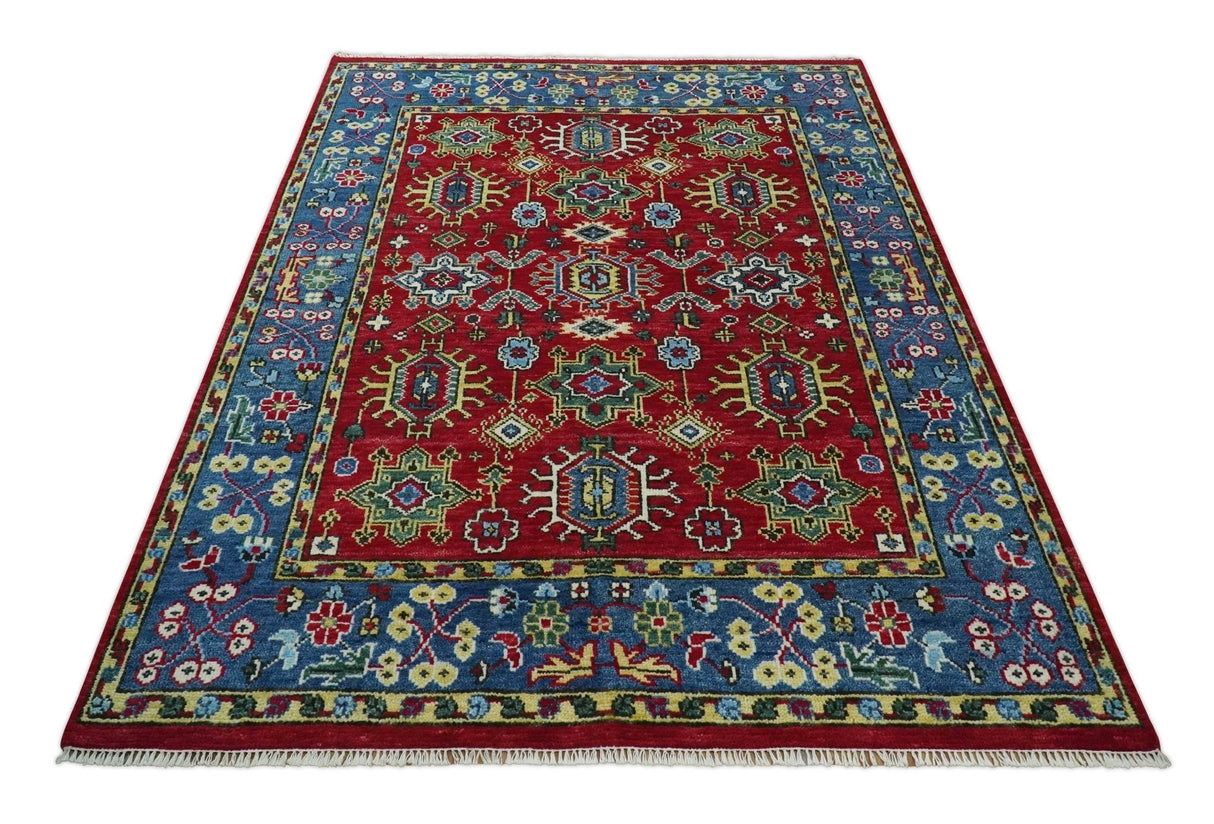 Custom Made Maroon and Blue Antique Turkish Hand Knotted Wool Area Rug