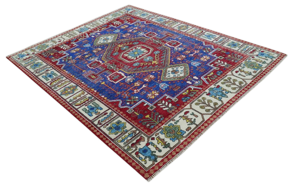 Custom Made Maroon, Blue and ivory Hand Knotted Traditional Wool Rug