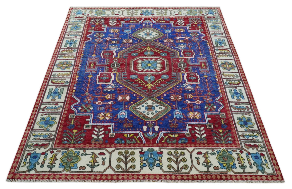 Custom Made Maroon, Blue and ivory Hand Knotted Traditional Wool Rug