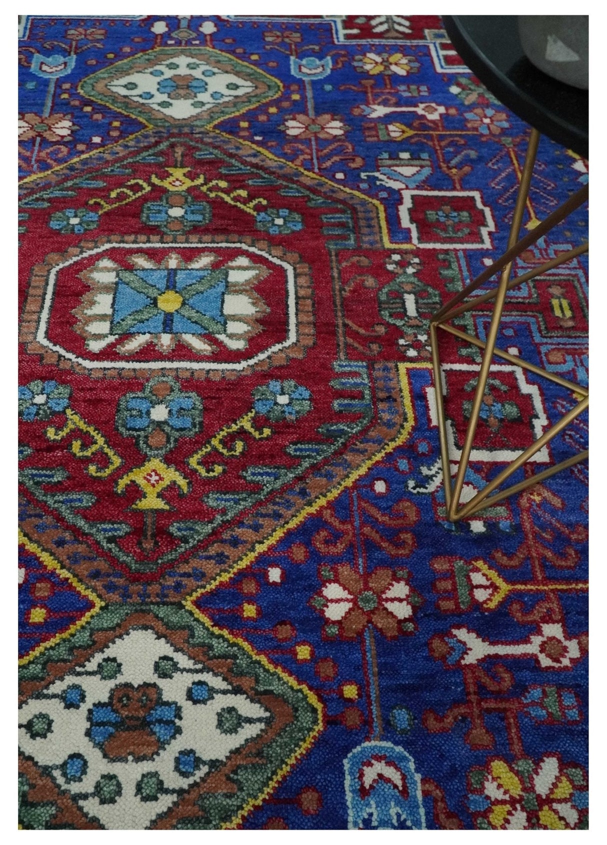 Custom Made Maroon, Blue and ivory Hand Knotted Traditional Wool Rug