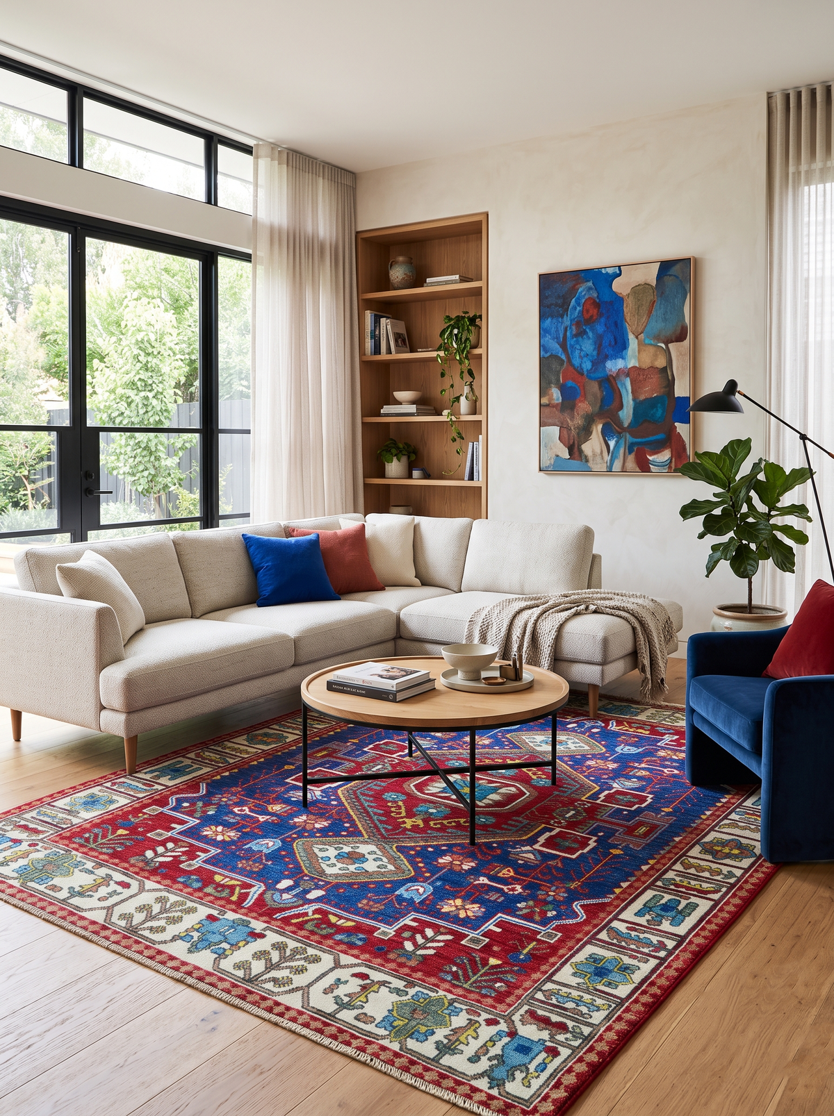 Custom Made Maroon, Blue and ivory Hand Knotted Traditional Wool Rug