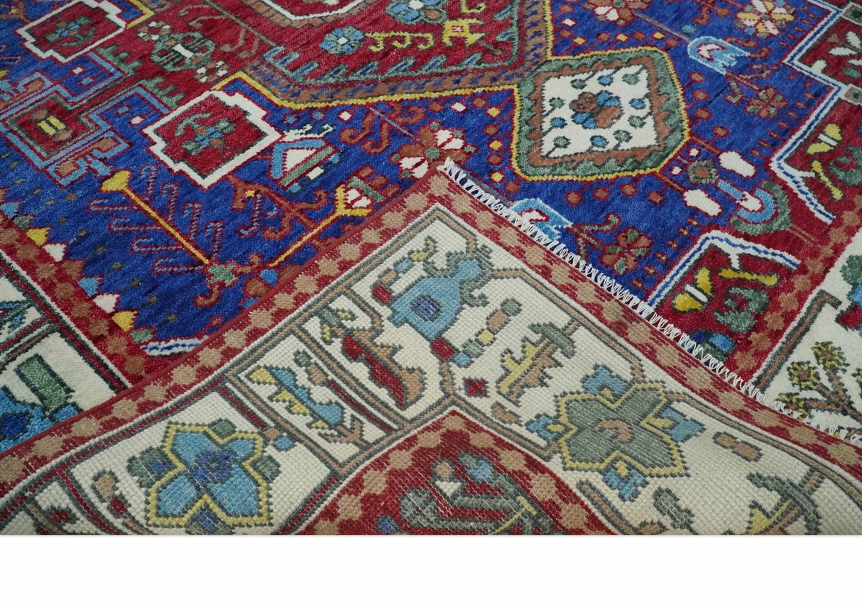 Custom Made Maroon, Blue and ivory Hand Knotted Traditional Wool Rug