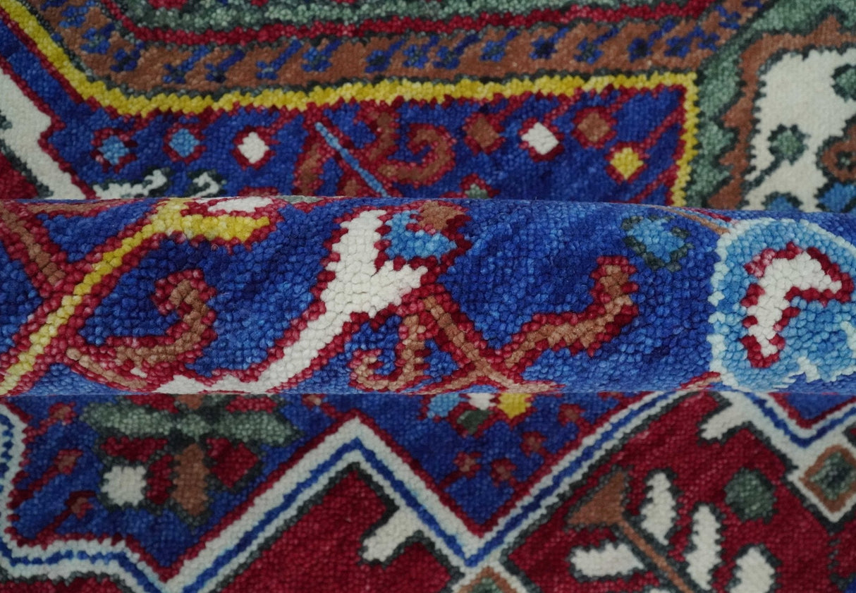 Custom Made Maroon, Blue and ivory Hand Knotted Traditional Wool Rug