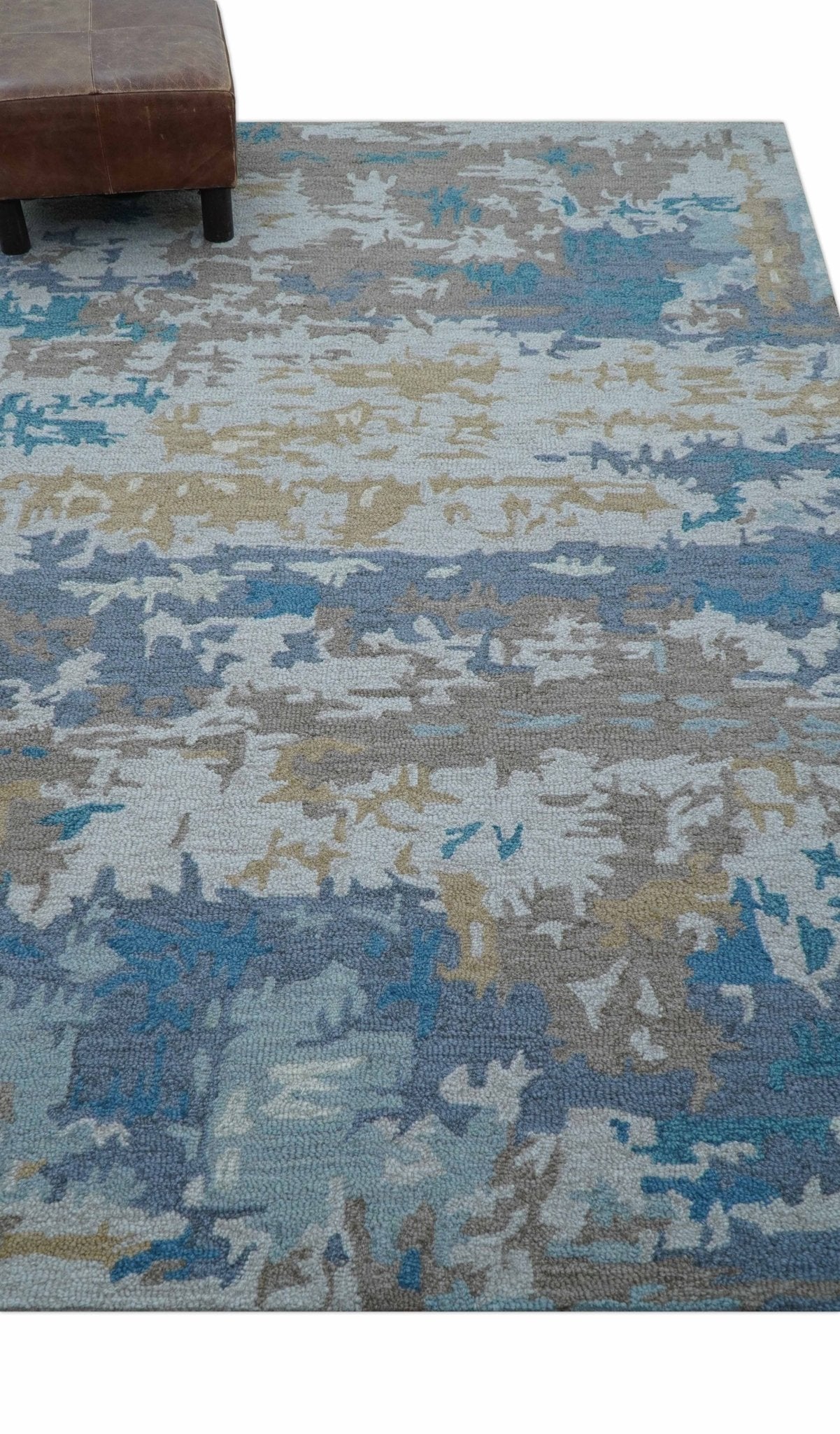 Custom Made Modern Abstract Blue And Beige Hand Tufted Wool Area Rug