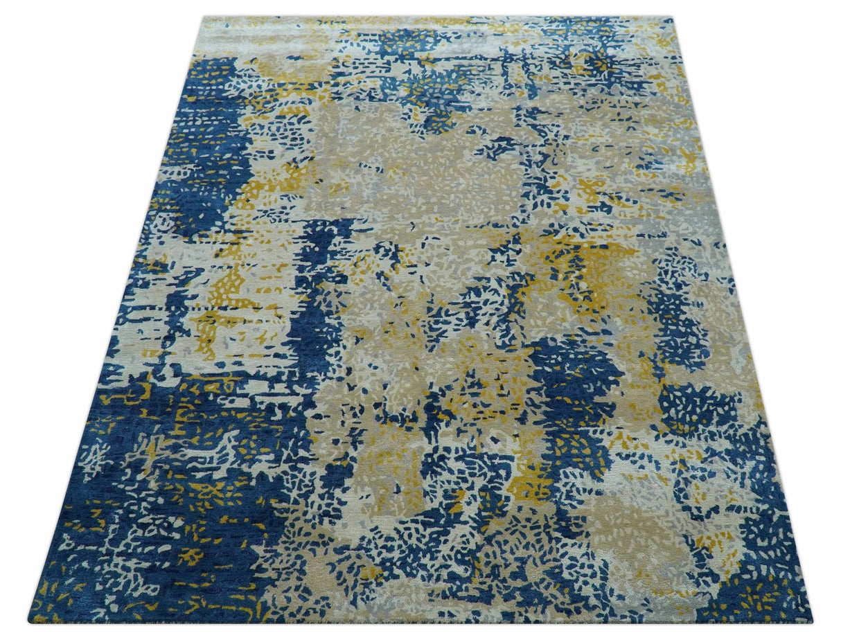 Custom Made Modern Abstract Blue And Beige Hand Tufted Wool-Art Silk Rug