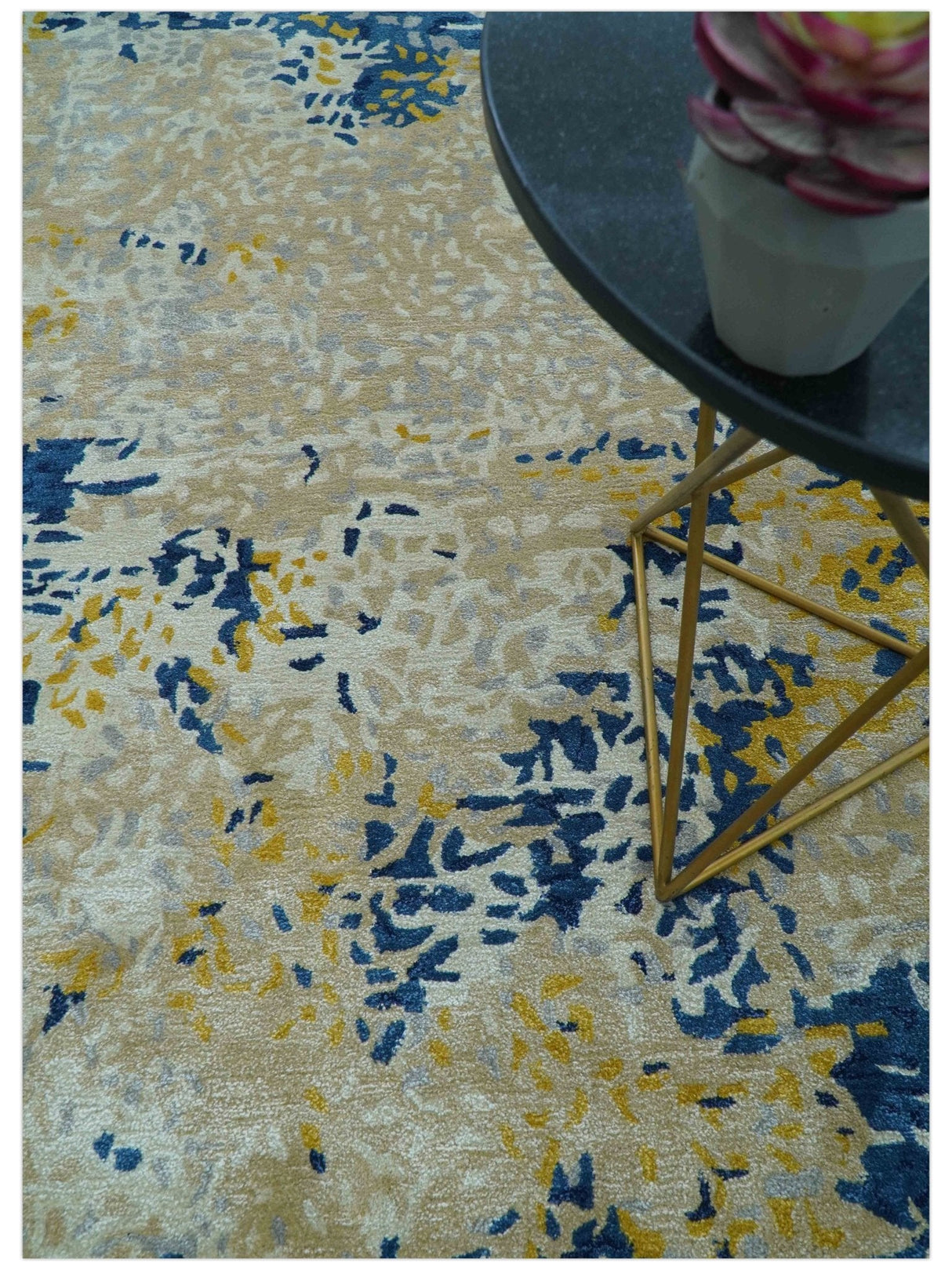 Custom Made Modern Abstract Blue And Beige Hand Tufted Wool-Art Silk Rug