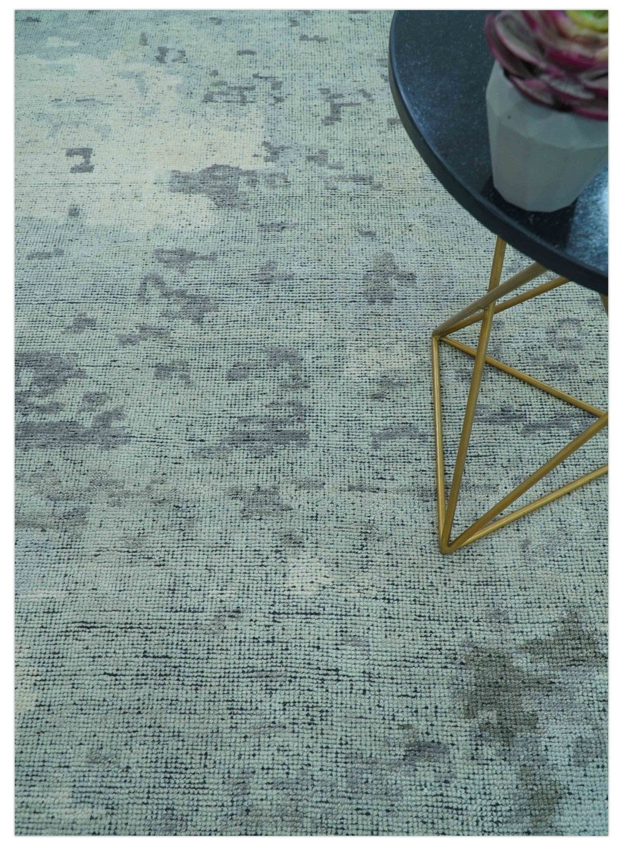 Custom Made Modern Abstract Design Blue And Gray Hand Knotted Wool Area Rug
