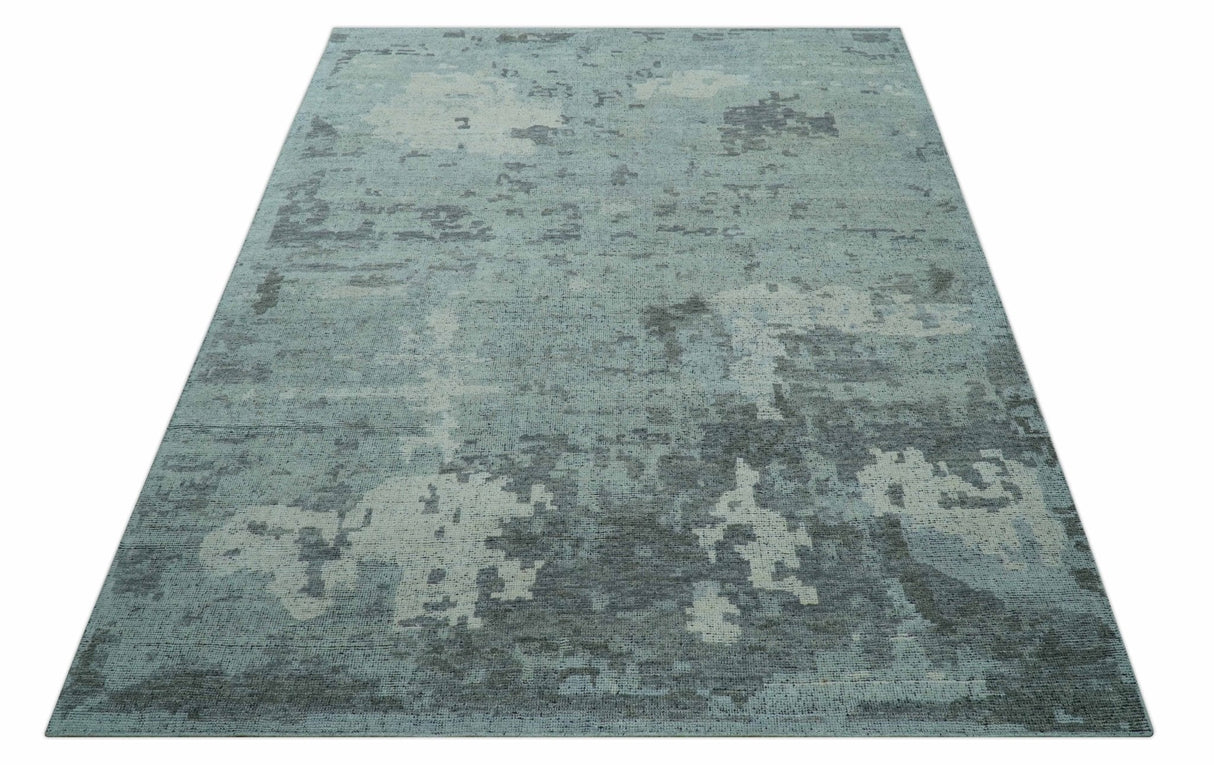 Custom Made Modern Abstract Design Blue And Gray Hand Knotted Wool Area Rug