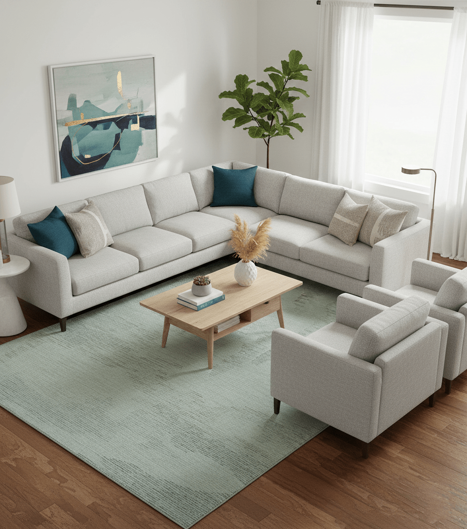 Custom Made Modern Abstract Design Ivory, Blue and Brown Hand Tufted Wool Area Rug