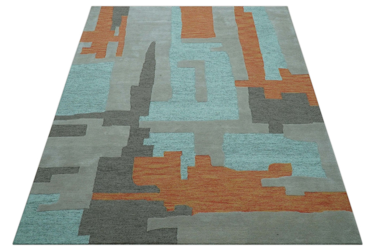 Custom Made Modern Abstract Gray And Blue Hand Tufted Wool Area Rug