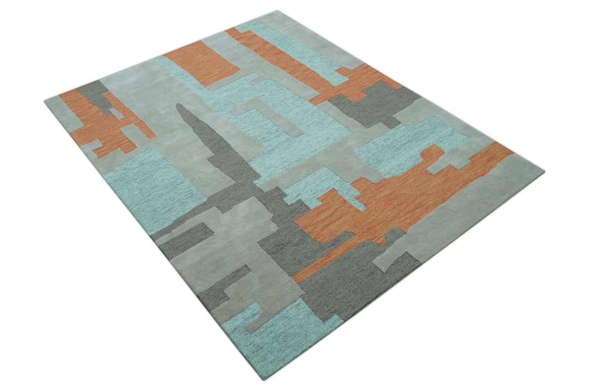 Custom Made Modern Abstract Gray And Blue Hand Tufted Wool Area Rug
