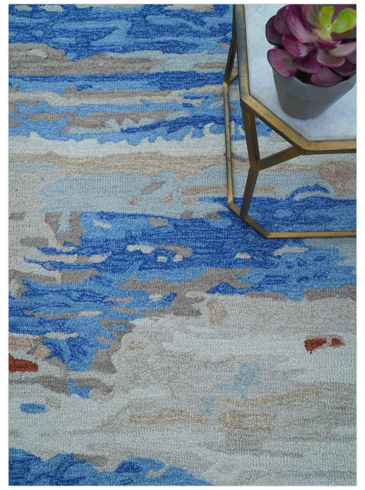 Custom Made Modern Abstract Silver And Blue Hand Tufted Wool Rug