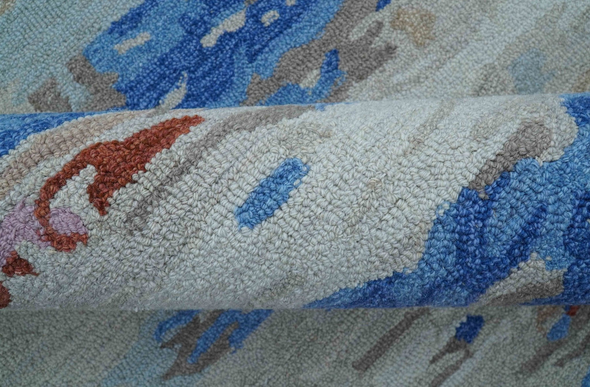 Custom Made Modern Abstract Silver And Blue Hand Tufted Wool Rug