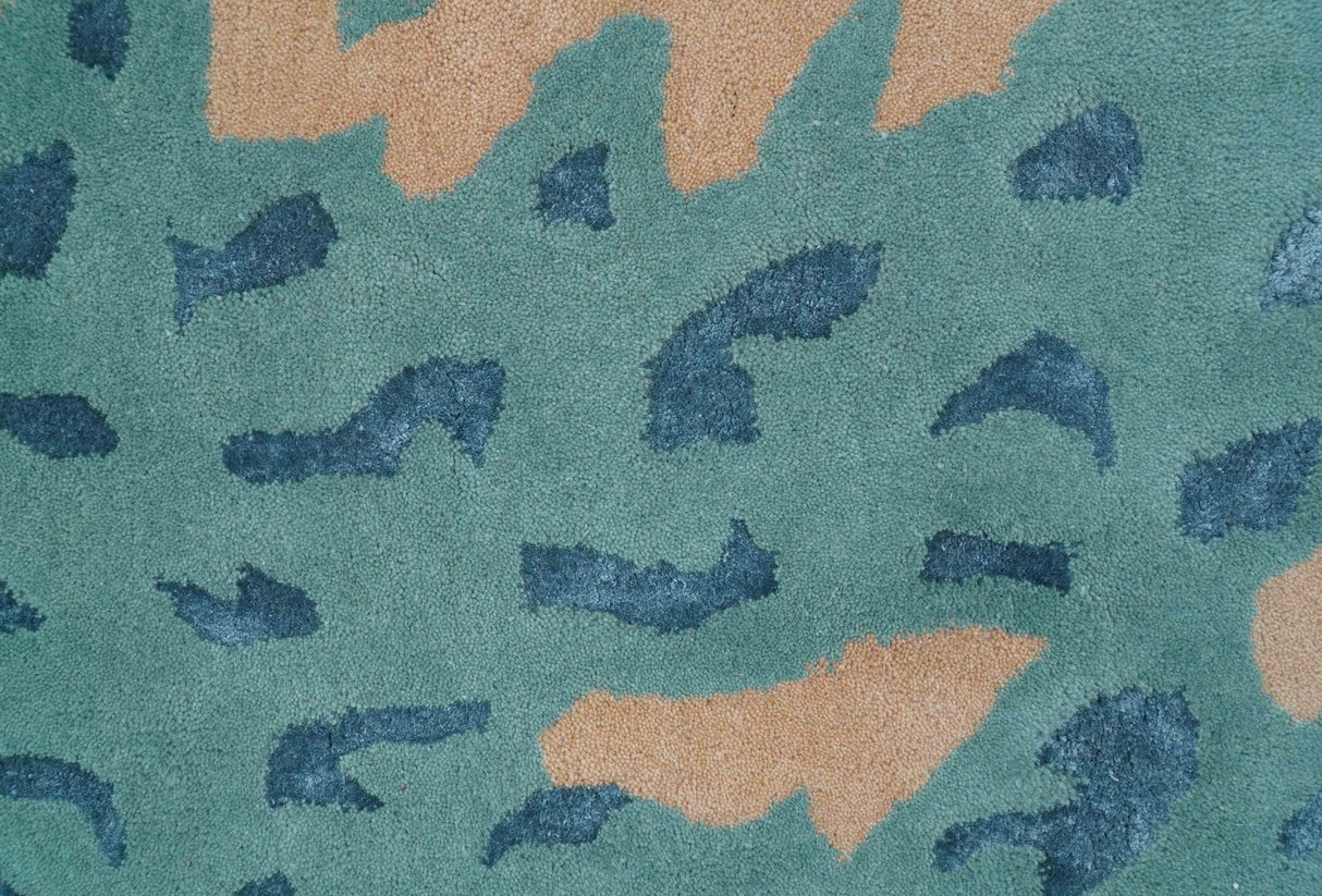 Custom Made Modern Animal Pattern Teal And Beige Hand Tufted Wool Area Rug