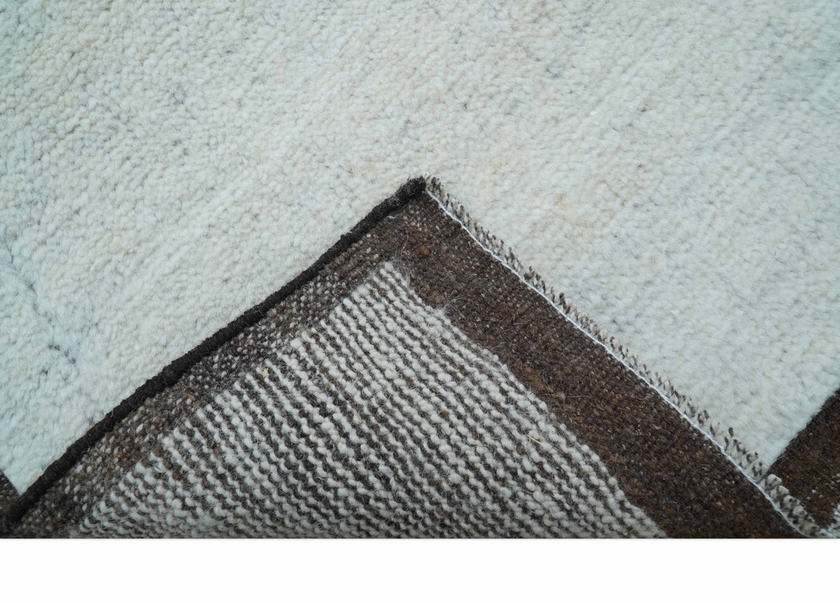 Custom Made Modern Contemporary White and Brown Hand Knotted Wool Rug