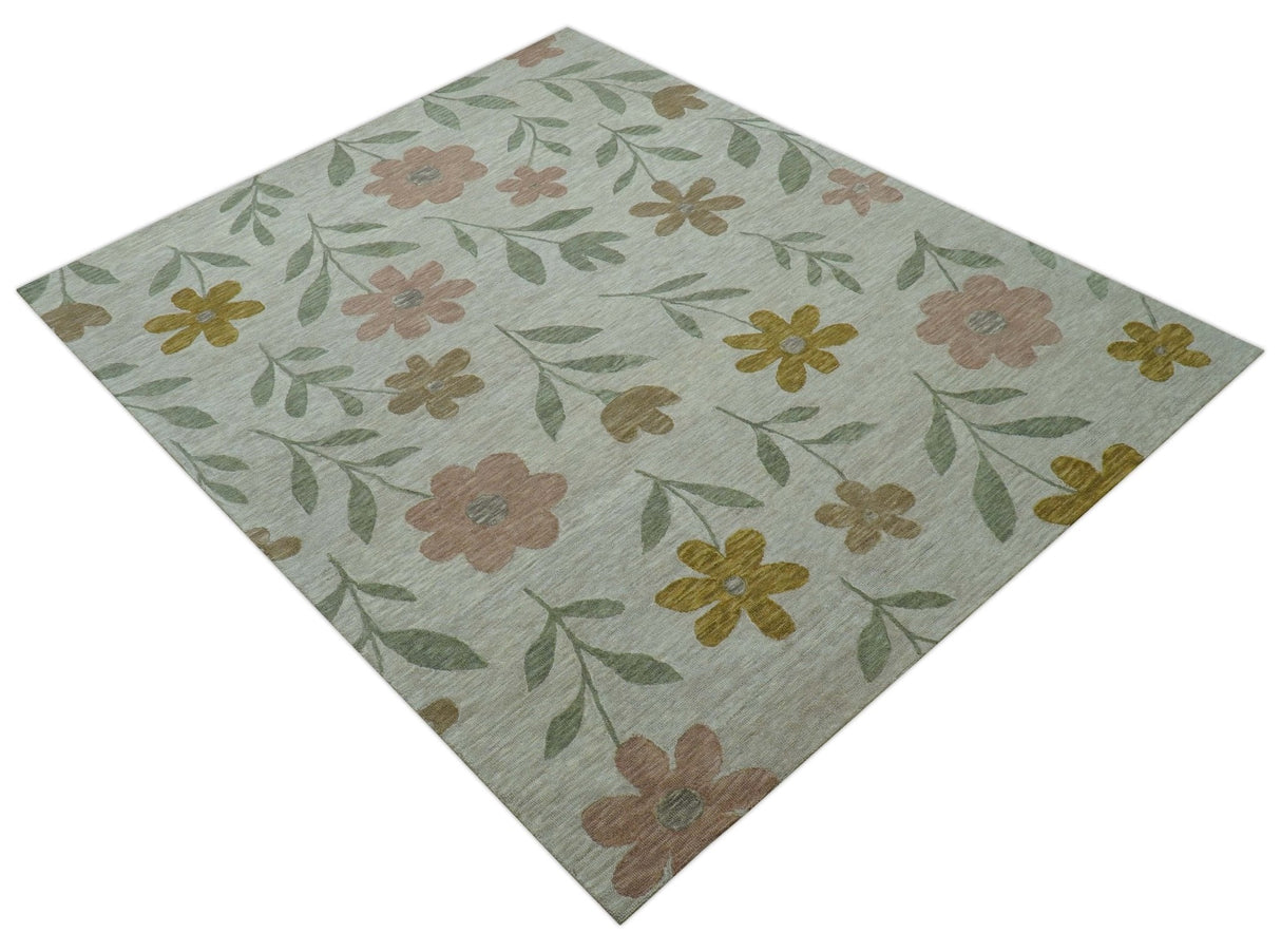 Custom Made Modern Floral Design Beige Hand Tufted Wool Area Rug