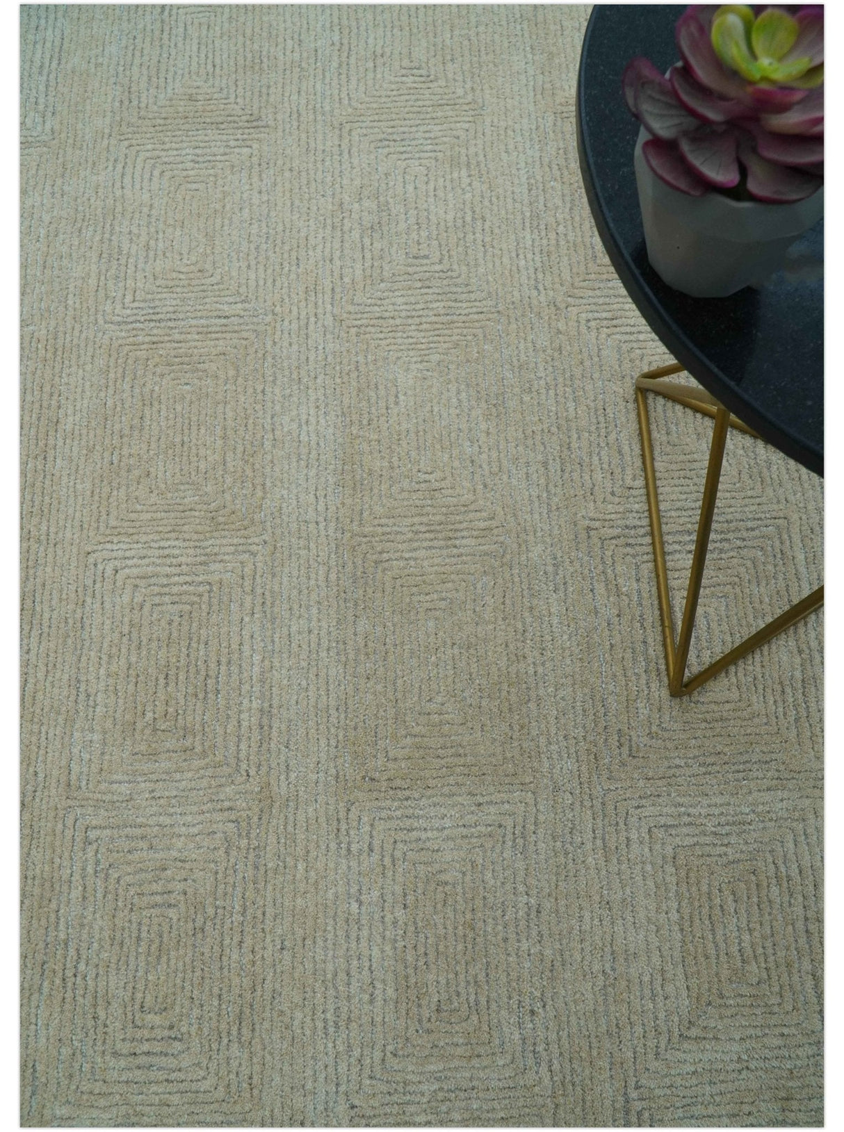 Custom Made Modern Geometrical Beige and Silver Hand Tufted Natural Wool Area Rug
