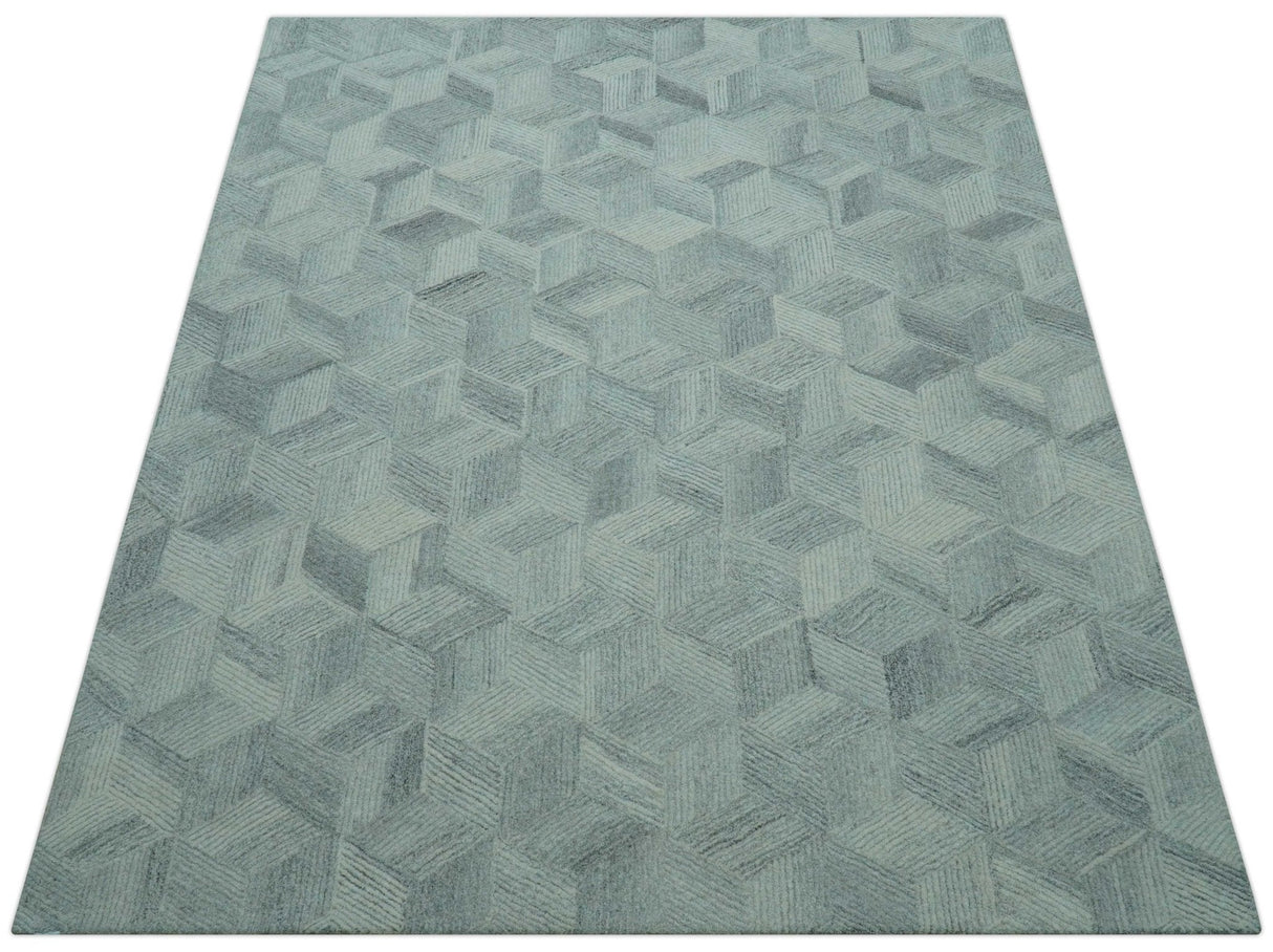 Custom Made Modern Geometrical Gray Hand Tufted Natural Wool Area Rug