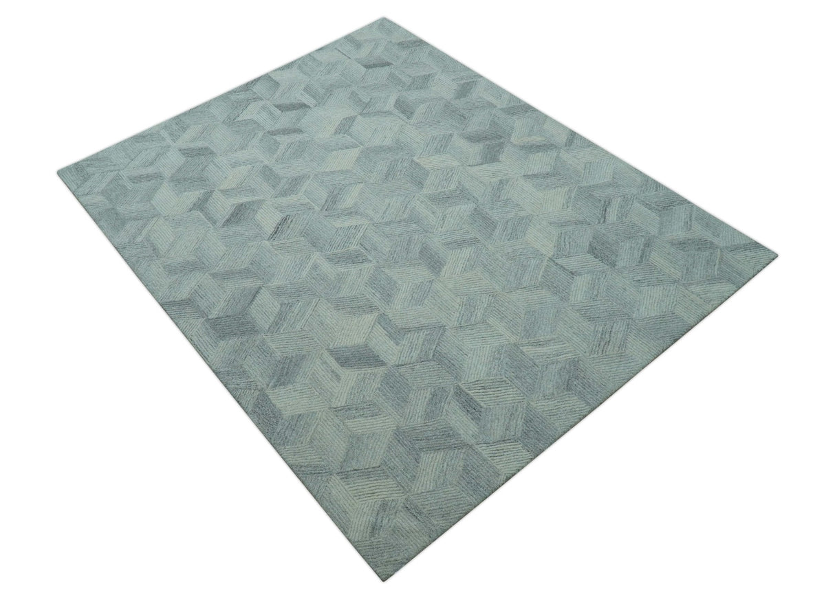 Custom Made Modern Geometrical Gray Hand Tufted Natural Wool Area Rug