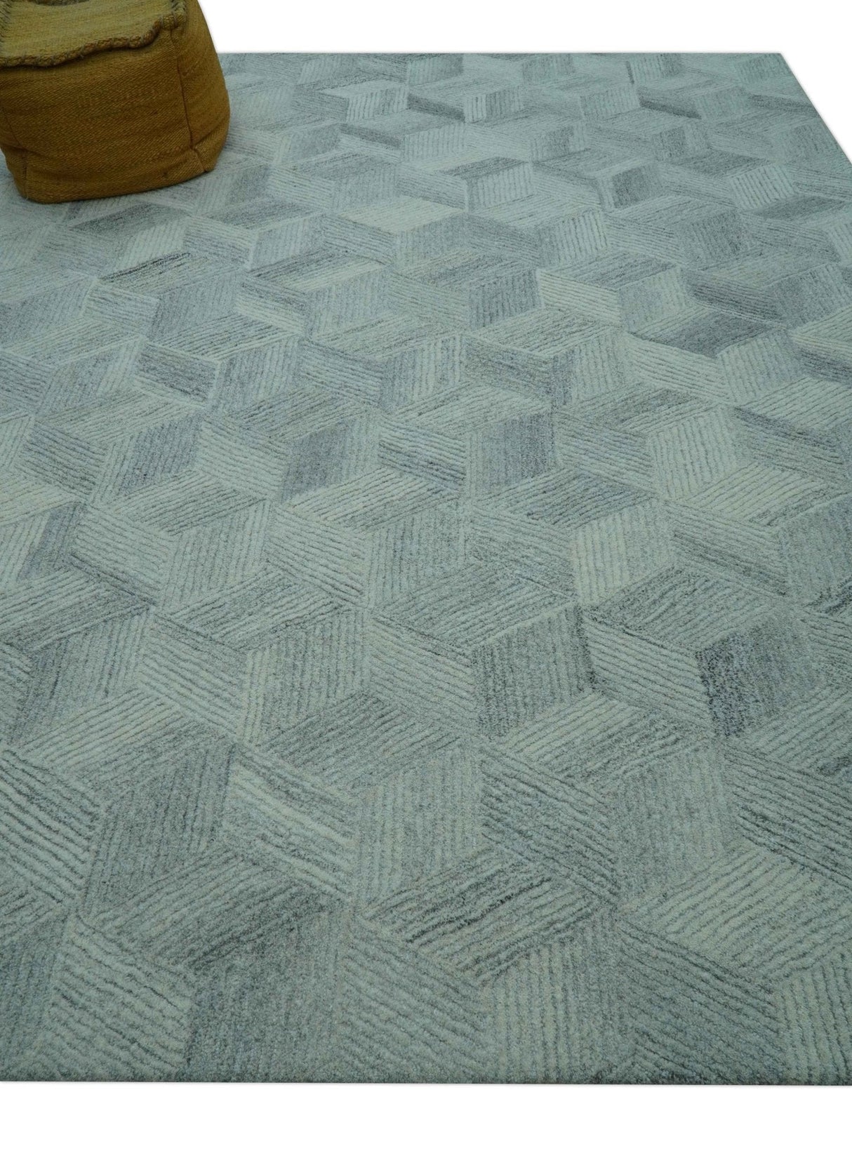 Custom Made Modern Geometrical Gray Hand Tufted Natural Wool Area Rug