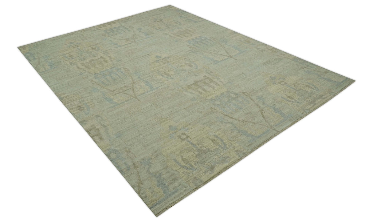Custom Made Modern Ikat Design Beige And Blue Hand Knotted Wool Area Rug