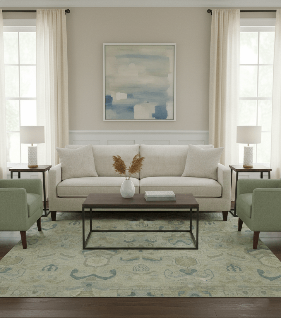 Custom Made Modern Ikat Design Beige And Blue Hand Knotted Wool Area Rug