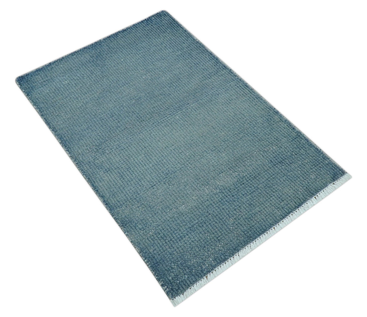 Custom Made Modern Solid Overdyed Light Blue Hand Knotted Wool Area Rug