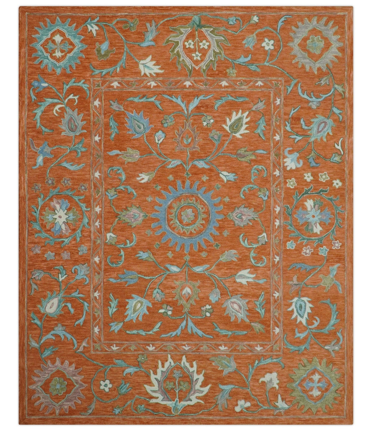Custom Made Oriental Uzbek Design Floral Rust Hand Tufted Wool Area Rug