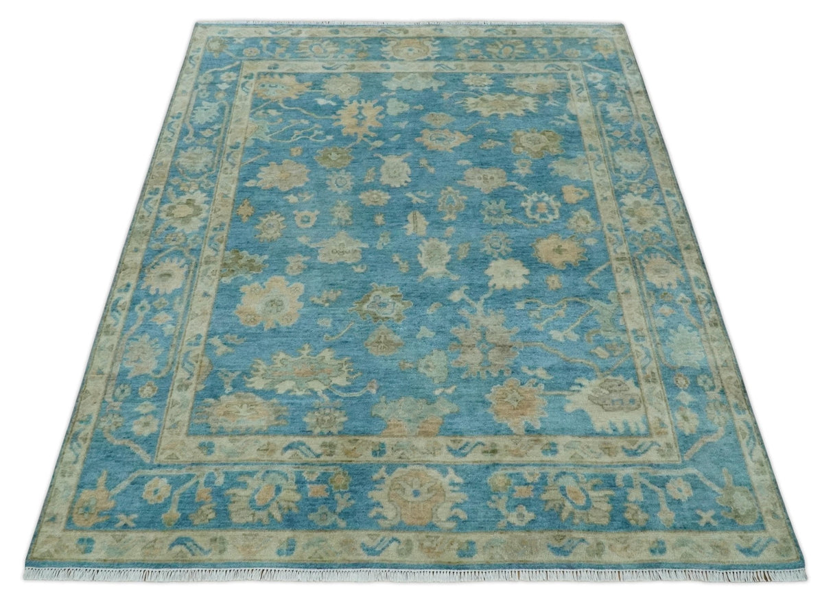 Custom Made Oushak Hand Knotted Blue and Beige Traditional Wool Rug