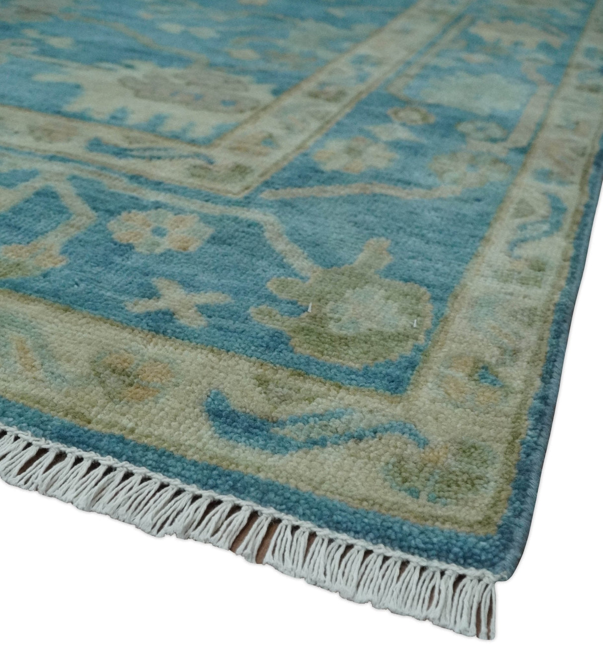 Custom Made Oushak Hand Knotted Blue and Beige Traditional Wool Rug